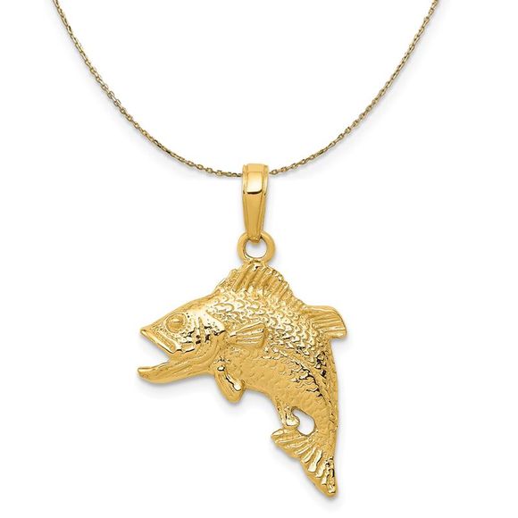 14k Yellow Gold Jumping Bass Fish Necklace - 24 Inch